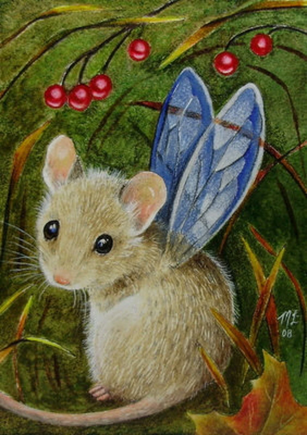 A painting of a small brown mouse with translucent blue insect wings, sitting among red berries and green leaves.